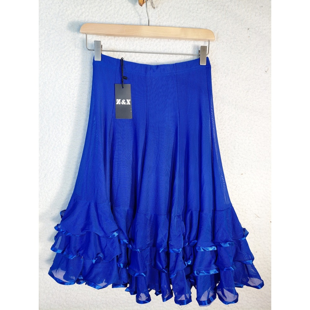 Z&X Royal Blue Ballroom Latin Dance Skirt Tiered Ruffle Mesh Performance Small